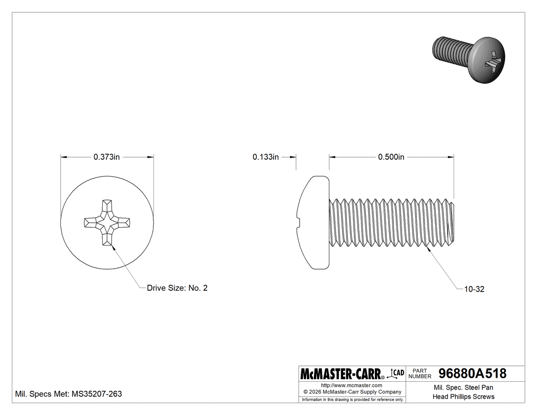Technical Drawing of Mil. Spec. Steel Pan Head Phillips Screws, 10-32 Thread Size, 1/2" Long.